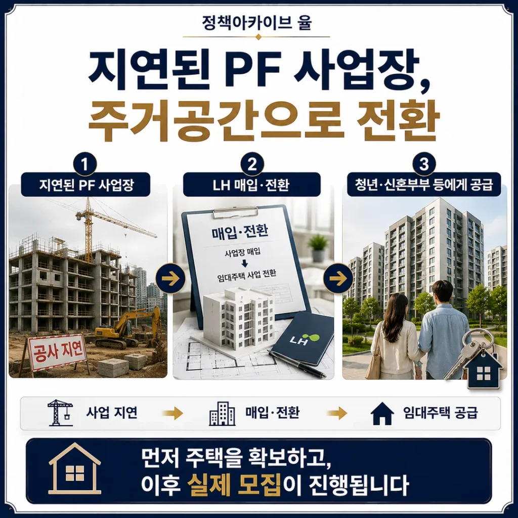 지연된 PF 사업장, 주거공간으로 전환
청년·신혼부부 등에게 공급
먼저 주택을 확보하고, 이후 실제 모집이 진행됩니다