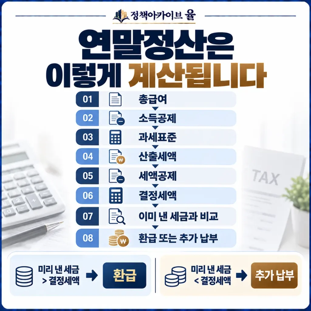 연말정산은 이렇게 계산됩니다"
"총급여"
"소득공제"
"과세표준"
"산출세액"
"세액공제"
"결정세액"
"이미 낸 세금과 비교"
"환급 또는 추가 납부"
"미리 낸 세금 > 결정세액"
"환급"
"미리 낸 세금 < 결정세액"
"추가 납부"