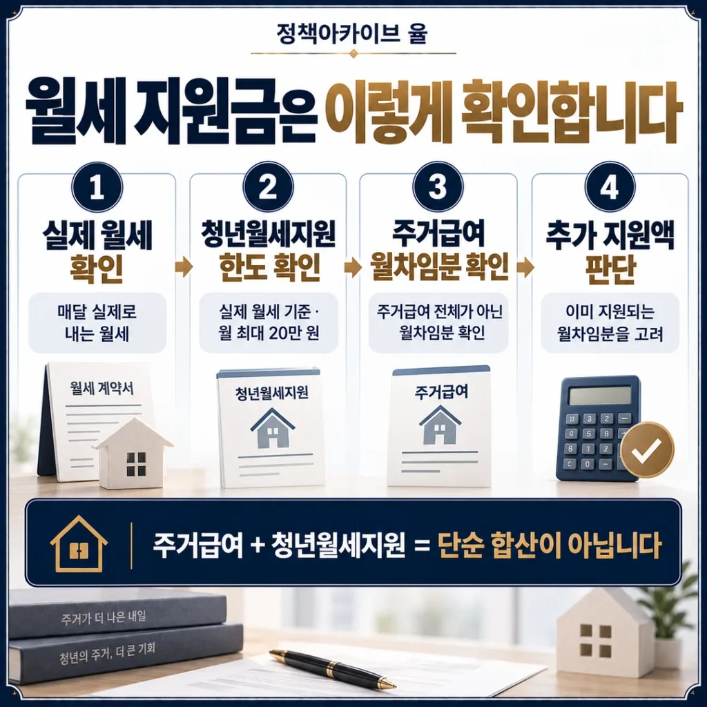 월세 지원금은 이렇게 확인합니다
① 실제 월세 확인
② 청년월세지원 한도 확인
③ 주거급여 월차임분 확인
④ 추가 지원액 판단
주거급여 + 청년월세지원 = 단순 합산이 아닙니다